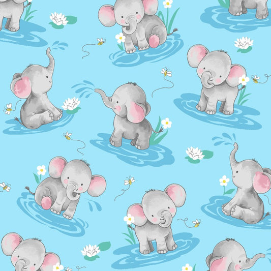 Little Darlings Water Frolic Elephants Blue Freckle and Lollie Cotton Fabric