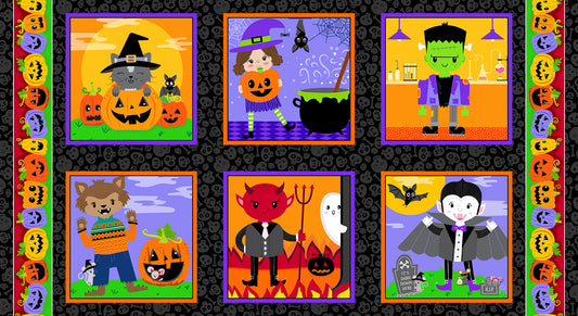 Little Monsters Halloween Blocks Panel 24” Black Emily Elizabeth Blank Quilting Cotton Fabric