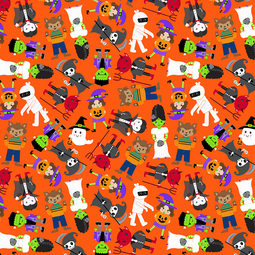 Little Monsters Tossed Trick or Treaters Orange Emily Elizabeth Blank Quilting Cotton Fabric