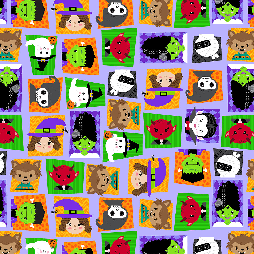 monsters fabric Little Monsters Trick or Treaters Patch Light Purple Emily Elizabeth Blank Quilting Cotton Fabric