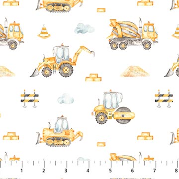 Little Builders Construction Trucks White Figo Northcott Cotton Fabric NC-FIGO-91352-10