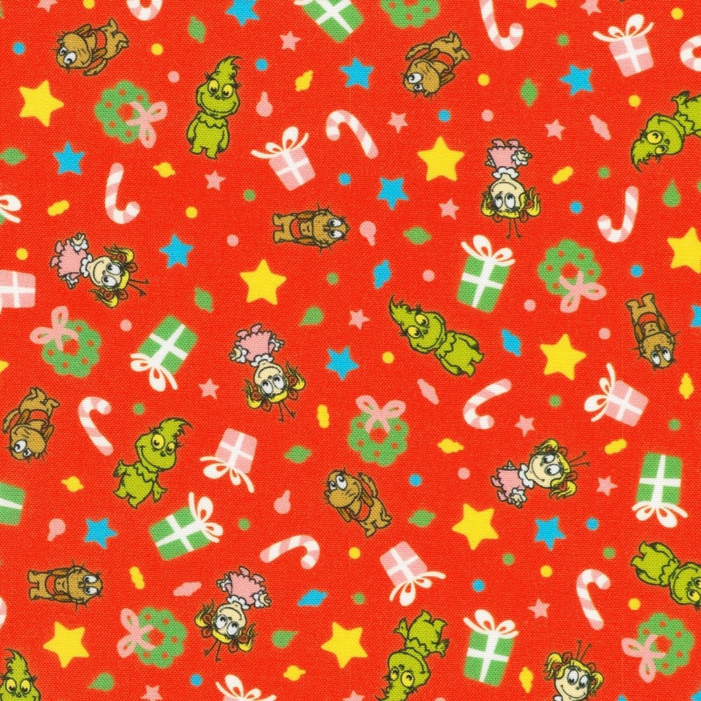 Little Grinch Characters Presents Motifs Red Dr Seuss Enterprises Robert Kaufman Cotton Fabric RK-ADED-23877-3