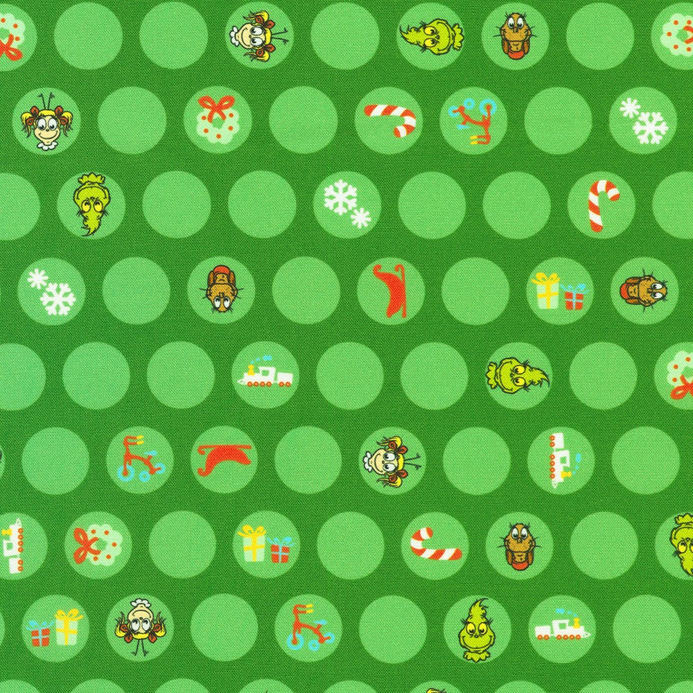 Little Grinch Characters Dots Green Dr Seuss Enterprises Robert Kaufman Cotton Fabric RK-ADED-23876-7