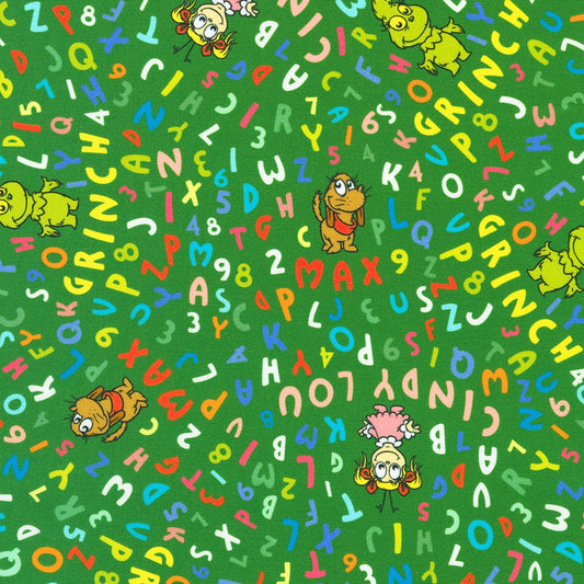 Little Grinch Characters Names and Letters Green Dr Seuss Enterprises Robert Kaufman Cotton Fabric RK-ADED-23874-7