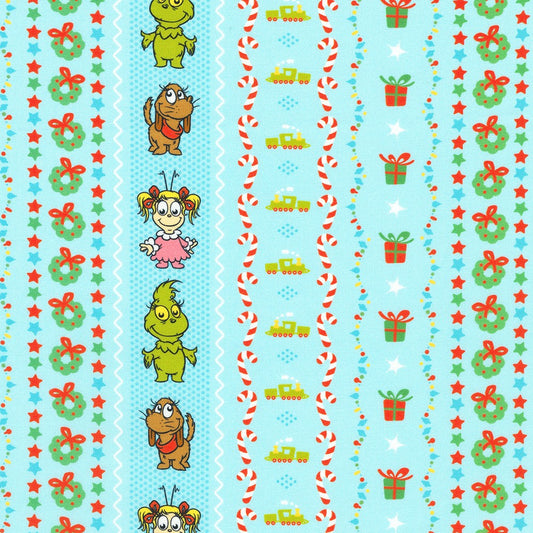 Little Grinch Characters Stripe Blue Dr Seuss Enterprises Robert Kaufman Cotton Fabric RK-ADED-23873-4