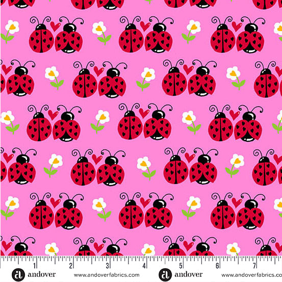 Little Ladies Flutter Friends Ladybugs Hot Pink Tami Jones Andover Fabrics Cotton Fabric AF-A-10501-E