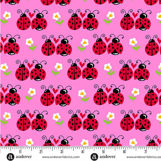 Little Ladies Flutter Friends Ladybugs Hot Pink Tami Jones Andover Fabrics Cotton Fabric AF-A-10501-E