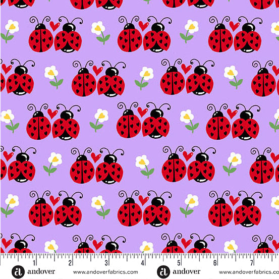 Little Ladies Flutter Friends Ladybugs Lilac Purple Tami Jones Andover Fabrics Cotton Fabric AF-A-10501-P