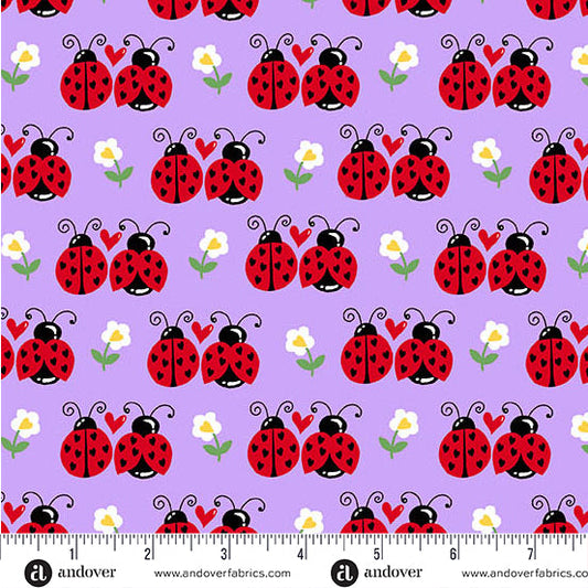 Little Ladies Flutter Friends Ladybugs Lilac Purple Tami Jones Andover Fabrics Cotton Fabric AF-A-10501-P
