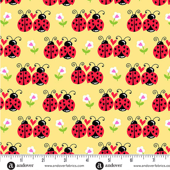 Little Ladies Flutter Friends Ladybugs Sunshine Yellow Tami Jones Andover Fabrics Cotton Fabric AF-A-10501-Y