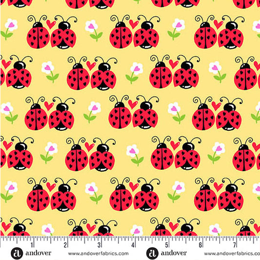 Little Ladies Flutter Friends Ladybugs Sunshine Yellow Tami Jones Andover Fabrics Cotton Fabric AF-A-10501-Y