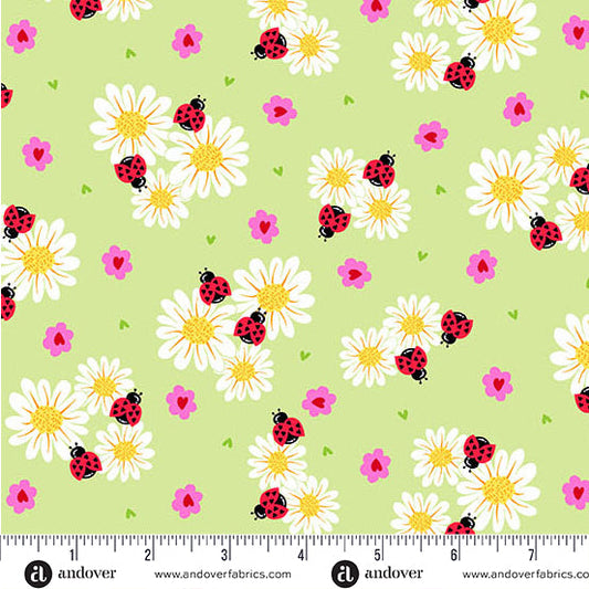 Little Ladies Petal Paradise Ladybugs Fern Green Tami Jones Andover Fabrics Cotton Fabric AF-A-10502-G