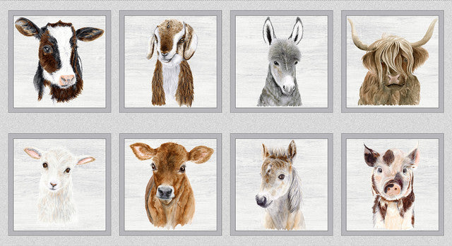 Little Seedlings Farm Animal Block Panel 24" Light Grey Moque Lee Studio Blank Quilting Cotton Fabric BQ-4389P-90