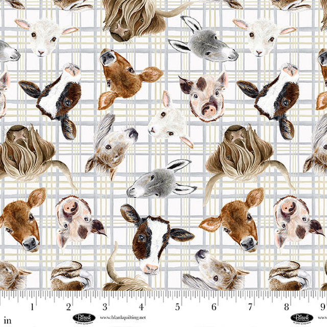 Little Seedlings Farm Plaid with Animals Head White Moque Lee Studio Blank Quilting Cotton Fabric BQ-4386-01