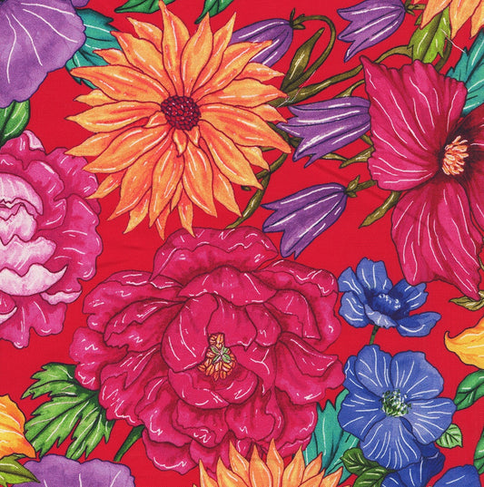 Living Color Large Hacienda Floral Packed Red Chong‑A Hwang Timeless Treasures Cotton Fabric TT-CD4051-RED