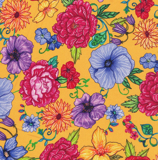 Living Color Medium Hacienda Floral Yellow Chong‑A Hwang Timeless Treasures Cotton Fabric TT-CD4053-YELLOW