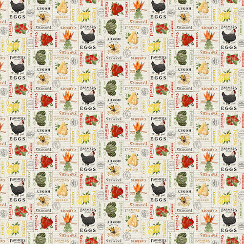 Locally Grown Market Signs Cream Beth Albert 3 Wishes Cotton Fabric