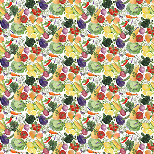 Locally Grown Veggie Toss White Beth Albert 3 Wishes Cotton Fabric