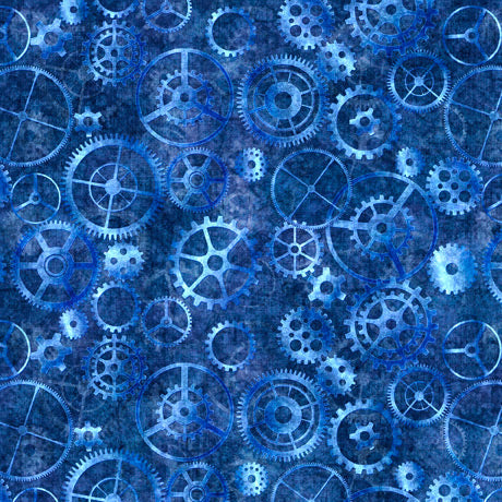 Locomotion Packed Gears Blue Quilting Treasures Cotton Fabric