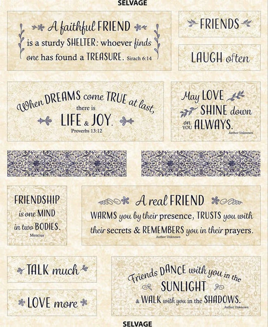 London Blues Life & Joy Friendship Panel 36" Cream Timeless Treasures Cotton Fabric