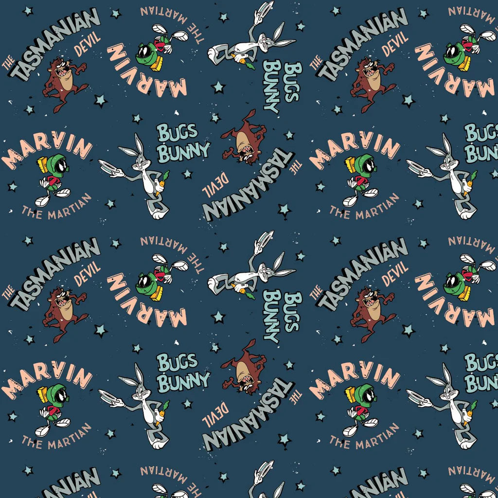 Looney Tunes Retro Characters Denim Blue Camelot Cotton Fabric CF-23600160-02