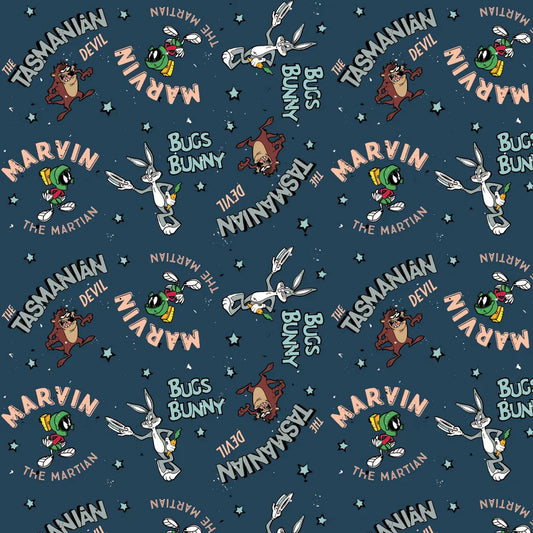 Looney Tunes Retro Characters Denim Blue Camelot Cotton Fabric