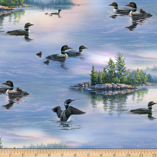 Loons Lake Scenic Blue Elizabeth's Studio Cotton Fabric
