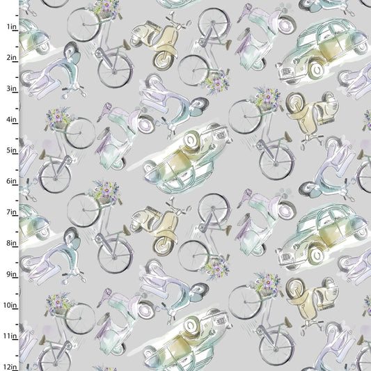 Lost in Paris La Voiture Gray Scott Barnes 3 Wishes Cotton Fabric 3W-23703-GRY