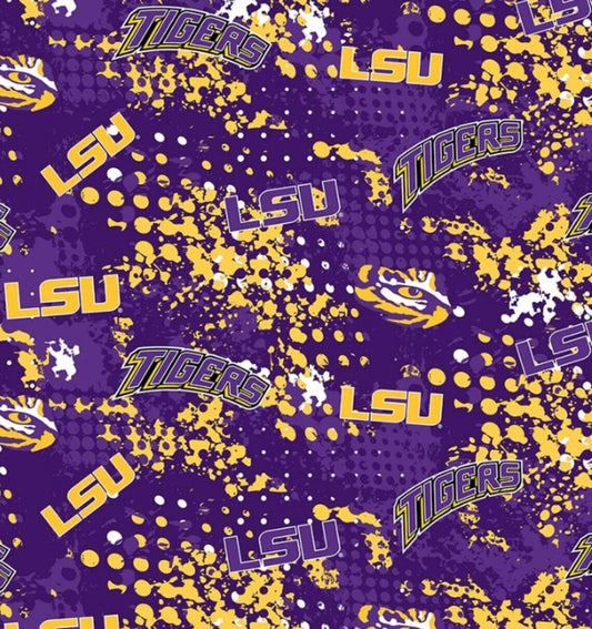 Louisiana State University LSU Tigers NCAA College Splatter Purple Sykel Cotton Fabric