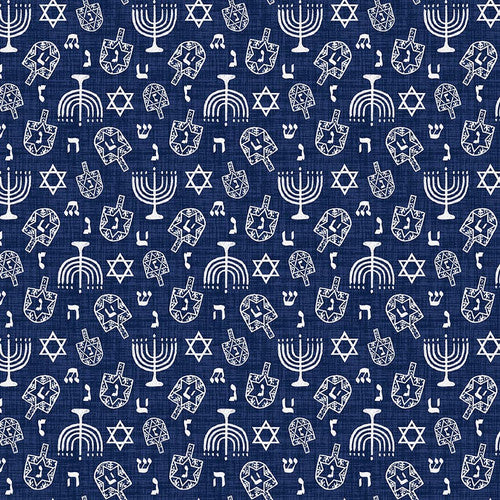 Love and Light Dreidel and Menorah Dark Blue Victoria Borges Studio E Cotton Fabric