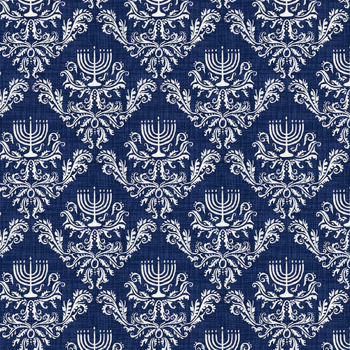 Love and Light Menorah Damask Dark Blue Victoria Borges Studio E Cotton Fabric