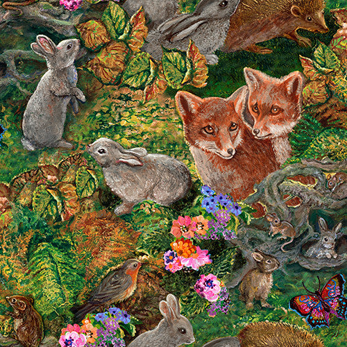 Love is All Around Friends of the Forest Animals Green Josephine Wall 3 Wishes Cotton Fabric