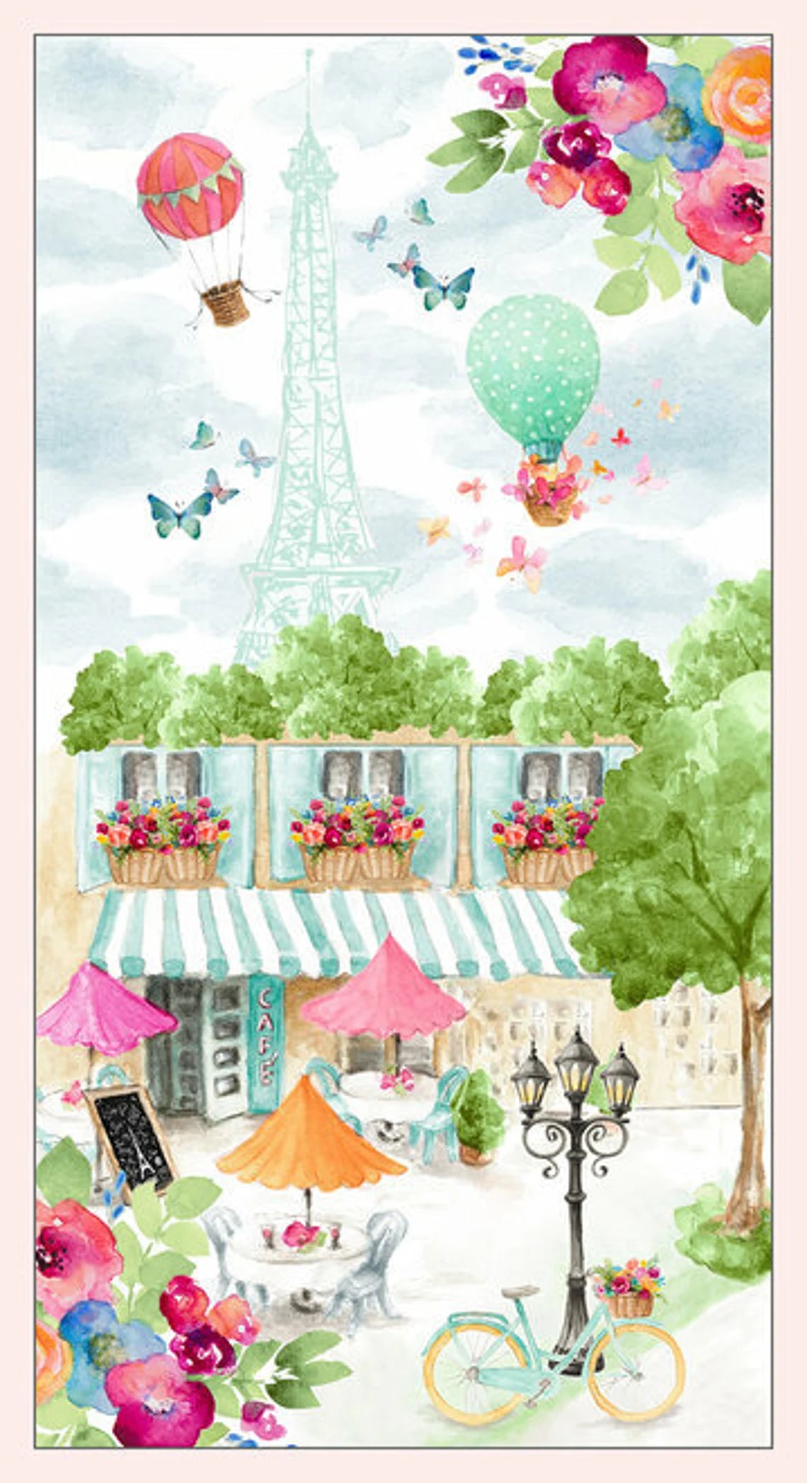 Love is the Air Café with Eiffel Tower Panel 24" Light Blue Lanie Laureth Blank Quilting Cotton Fabric