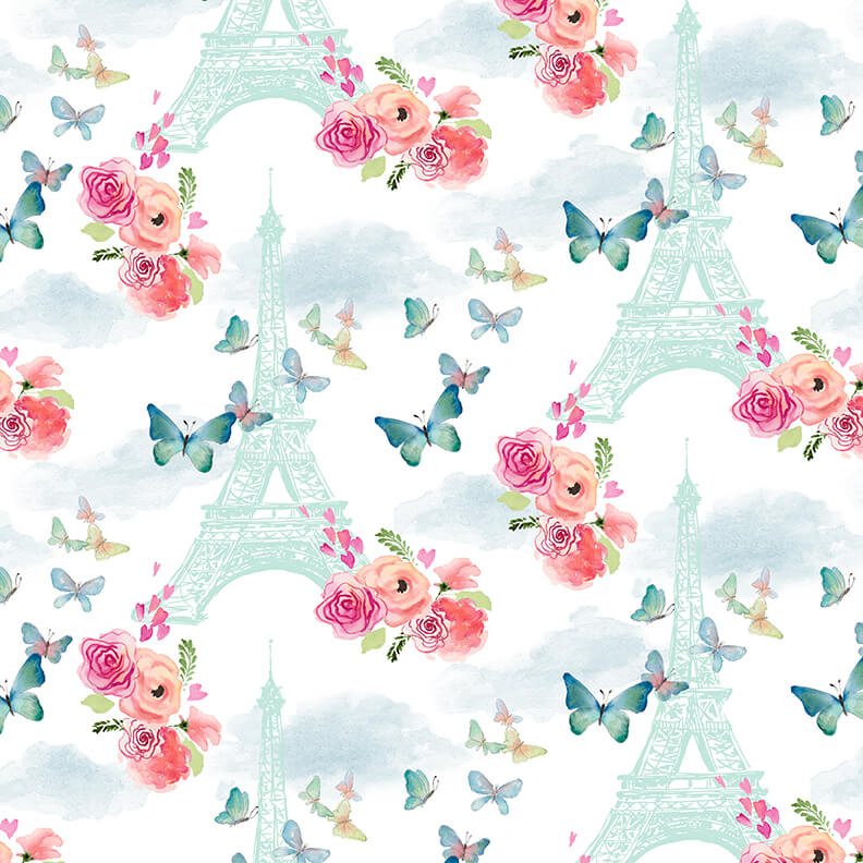 Love is the Air Eiffel Tower with Flowers & Butterflies White Lanie Laureth Blank Quilting Cotton Fabric