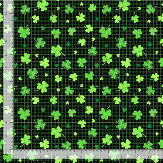 Lucky Kitty Shamrocks on Plaid Irish Green Timeless Treasures Cotton Fabric TT-FUN-CD3844-BLACK
