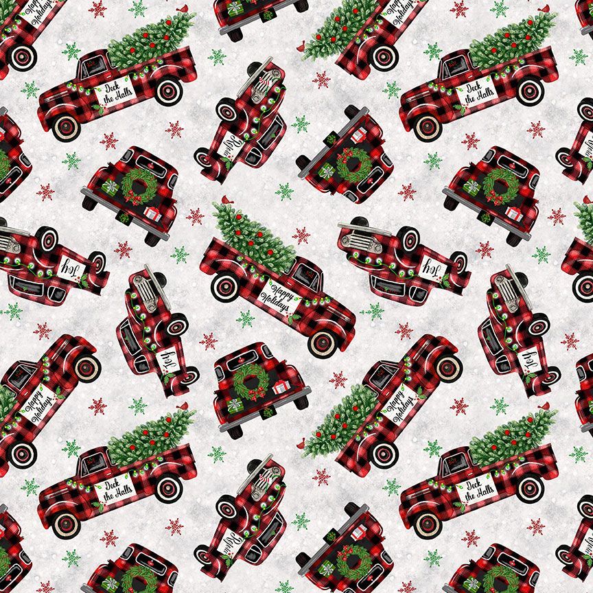 Lumberjack Gnomes Holiday Buffalo Plaid Truck Grey Gail Cadden Timeless Treasures Cotton Fabric