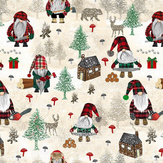 Lumberjack Gnomes Working Cream Gail Cadden Timeless Treasures Cotton Fabric