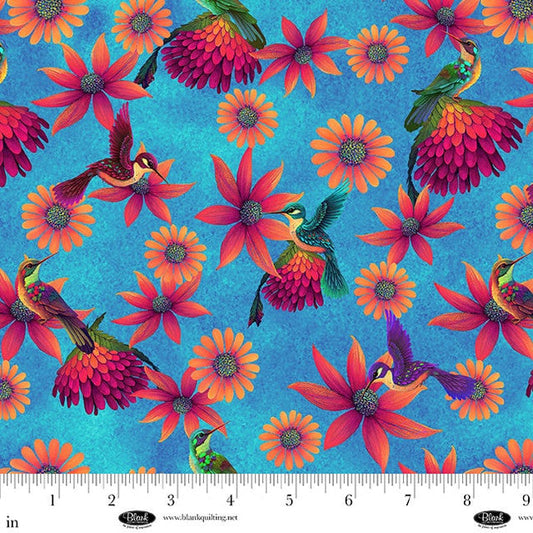 Luminous Haven Hummingbirds and Flowers Bright Blue Duirwaigh Blank Quilting Cotton Fabric BQ-4454-75