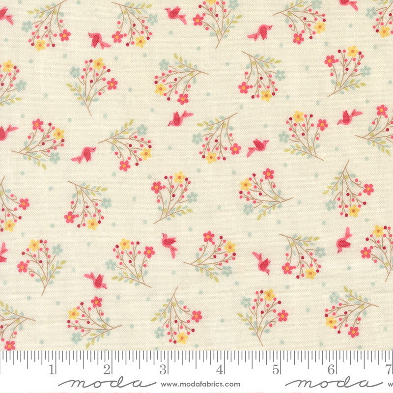 Lyda Rose Floral with Dots and Birds Porcelain Ivory Bunny Hill Designs Moda Cotton Fabric MD-3074-11 | US Fabric Shop