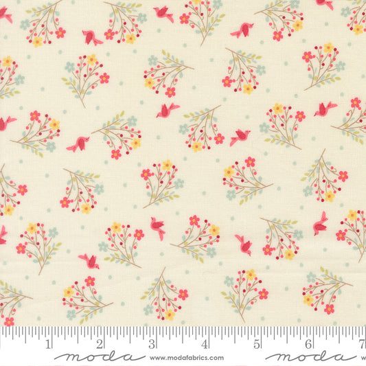 Lyda Rose Floral with Dots and Birds Porcelain Ivory Bunny Hill Designs Moda Cotton Fabric MD-3074-11
