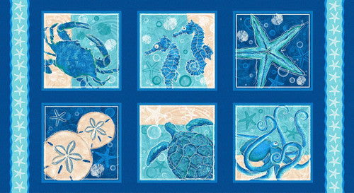 M'Ocean Block Sea Creatures Animals Tonal Panel 24" Navy Blue Victoria Hutto Studio E