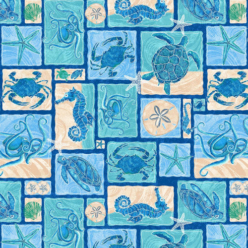 M'Ocean Patch Work Sea Animals Turtle Seahorse Octopus Crab Navy Blue Victoria Hutto Studio E Cotton Fabric