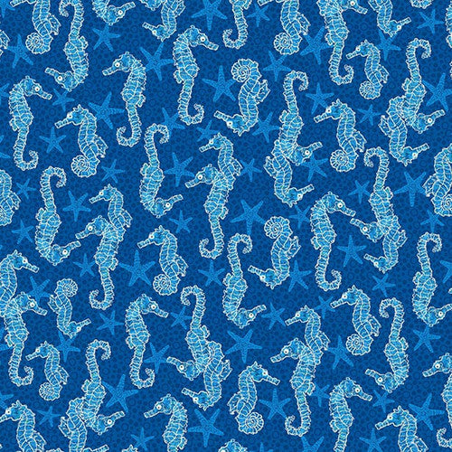 M'Ocean Seahorse Starfish Tonal Allover Navy Blue Victoria Hutto Studio E Cotton Fabric