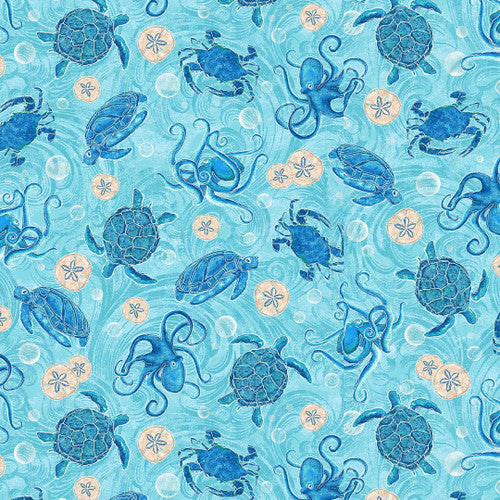 M'Ocean Tossed Ocean Motifs Turtle Octopus Crab Tonal Aqua Blue Victoria Hutto Studio E Cotton Fabric