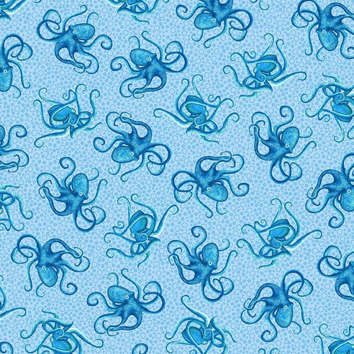 M'Ocean Tossed Octopuses Tonal Light Blue Victoria Hutto Studio E Cotton Fabric