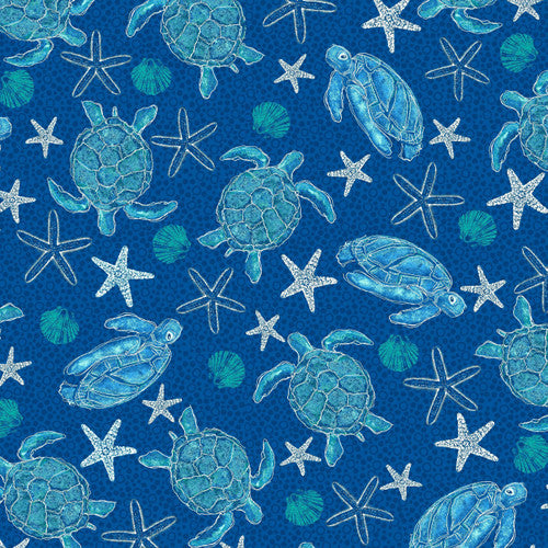 M'Ocean Tossed Turtles, Shells and Starfish Tonal Navy Blue Victoria Hutto Studio E Cotton Fabric