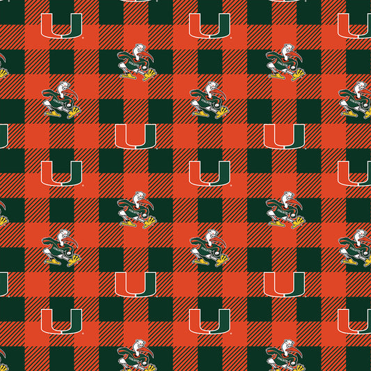 Miami Hurricanes NCAA College Buffalo Plaid Sykel Enterprises Polyester FLEECE Fabric MIA-1190