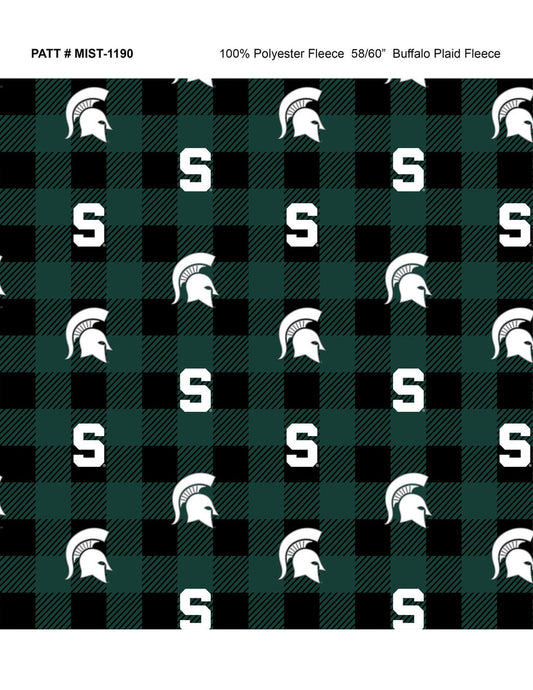Michigan State Spartans NCAA College Buffalo Plaid Sykel Enterprises Polyester FLEECE Fabric MIST-1190