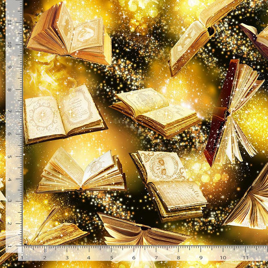 Mad Scientist Magic Spell Books Flying Gold Rosie Dore Timeless Treasures Cotton Fabric TT-LIBRARY-CD2531-GOLD