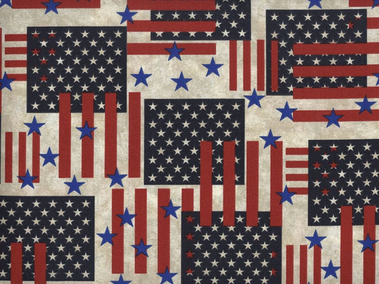 Made In the USA Patriotic Antique Stars and Stripes Flag Foust Textiles Cotton Fabric